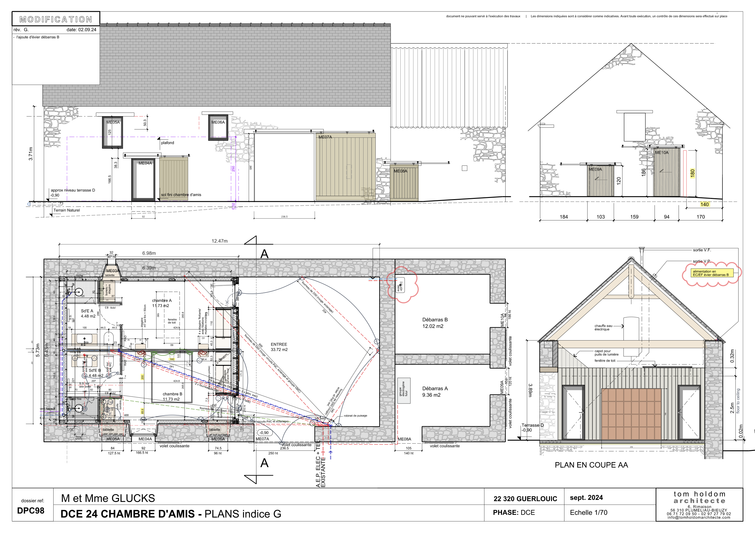Architect drawing of the project: copper + cypress, showing cypress sliding shutters and reused copper door set within timber cladding